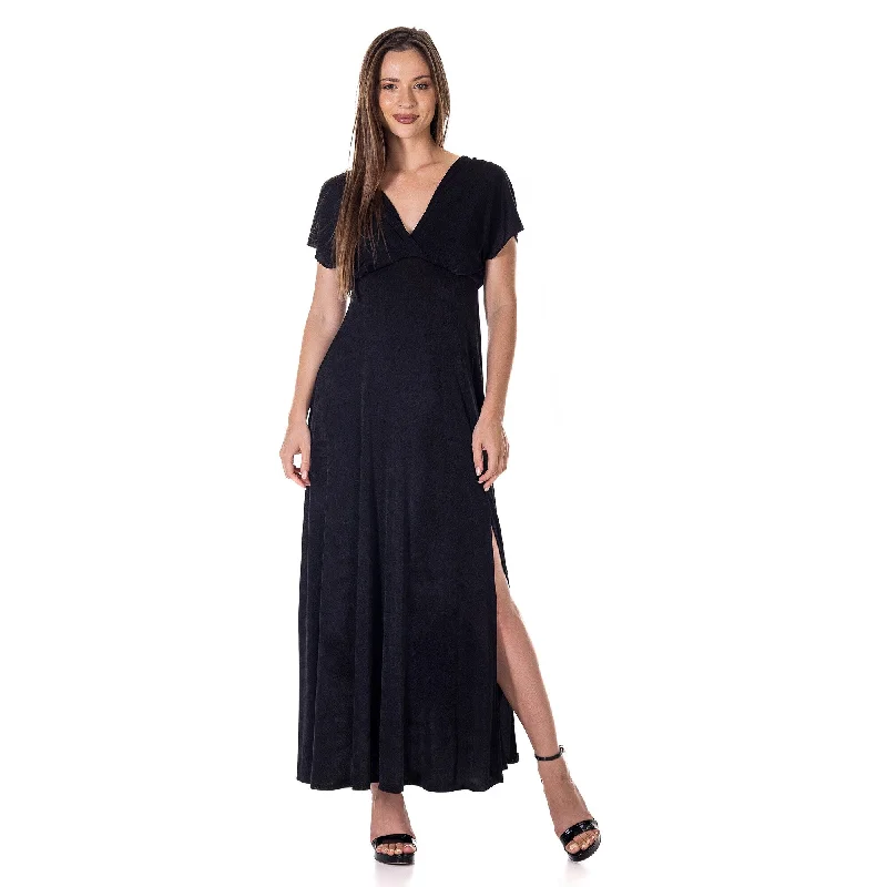 24seven Comfort Apparel Womens Flutter Sleeve Metallic Knit Maxi Dress Front Slit Empire Waist Dynamic Women's High - energy 24seven Comfort Apparel Womens Flutter Sleeve Metallic Knit Maxi Dress Front Slit Empire Waist Dynamic Women's High - energy