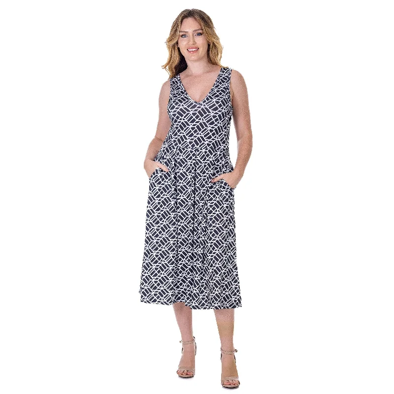 24seven Comfort Apparel Womens Midi Length Black Geo Print Sleeveless Pleated Pocket Dress Streetwear Style for 24seven Comfort Apparel Womens Midi Length Black Geo Print Sleeveless Pleated Pocket Dress Streetwear Style for