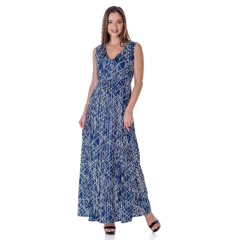 24seven Comfort Apparel Womens Navy Abstract Print V Neck Empire Waist Sleeveless Maxi Dress performance 24seven Comfort Apparel Womens Navy Abstract Print V Neck Empire Waist Sleeveless Maxi Dress performance