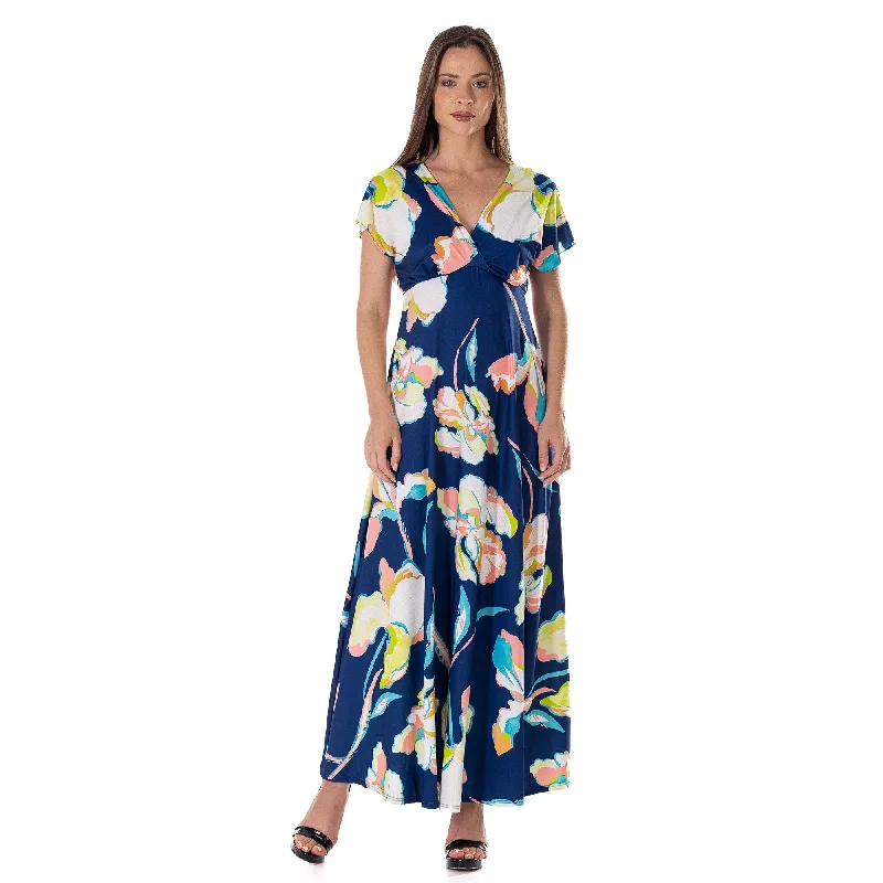 24seven Comfort Apparel Womens Navy Floral Print V Neck Empire Waist Kimono Cap Sleeve Maxi Dress Artistic Women's Avant - 24seven Comfort Apparel Womens Navy Floral Print V Neck Empire Waist Kimono Cap Sleeve Maxi Dress Artistic Women's Avant -