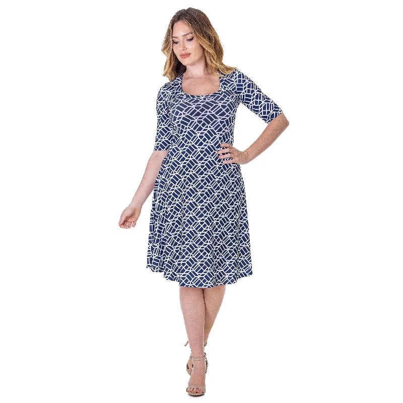 24seven Comfort Apparel Womens Navy Geometric Print Knee Length Elbow Sleeve Dress Classic Women's Pin - striped 24seven Comfort Apparel Womens Navy Geometric Print Knee Length Elbow Sleeve Dress Classic Women's Pin - striped