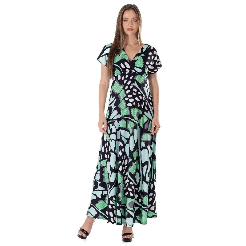 24seven Comfort Apparel Womens Oversized Butterfly Print V Neck Empire Waist Cap Sleeve Maxi Dress Business 24seven Comfort Apparel Womens Oversized Butterfly Print V Neck Empire Waist Cap Sleeve Maxi Dress Business