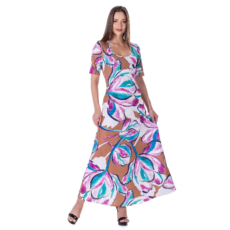 24seven Comfort Apparel Womens Pink Floral Elbow Sleeve Casual A Line Maxi Dress garde