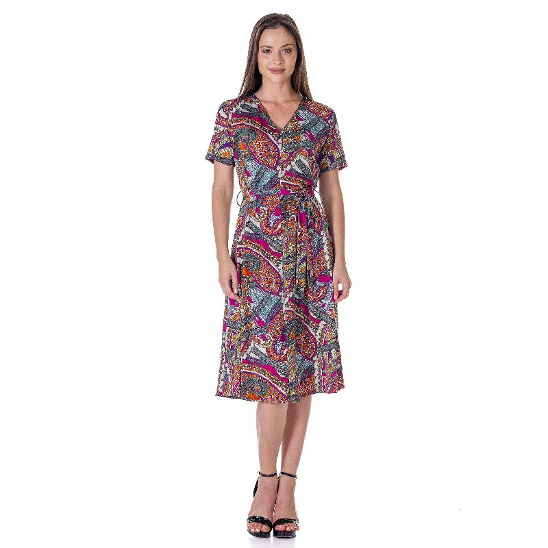 24seven Comfort Apparel Womens Pink Paisley Short Sleeve Tie Waist Midi Dress Relaxed Women's Beachy 24seven Comfort Apparel Womens Pink Paisley Short Sleeve Tie Waist Midi Dress Relaxed Women's Beachy