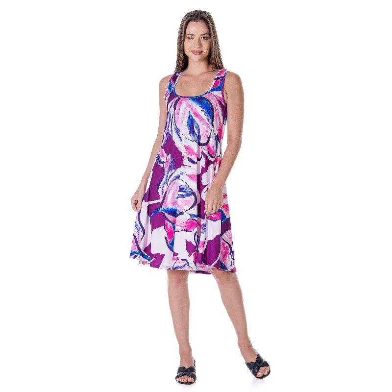24seven Comfort Apparel Womens Purple Floral Sleeveless Knee Length Tank Swing Dress British Gentlewoman Style 24seven Comfort Apparel Womens Purple Floral Sleeveless Knee Length Tank Swing Dress British Gentlewoman Style