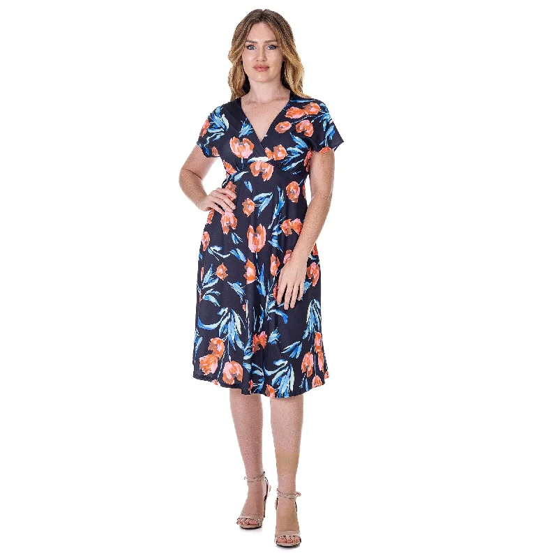 24seven Comfort Apparel Womens Tulip Print V Neck Empire Waist Kimono Cap Sleeve Knee Length Dress Luxurious Women's High - end 24seven Comfort Apparel Womens Tulip Print V Neck Empire Waist Kimono Cap Sleeve Knee Length Dress Luxurious Women's High - end