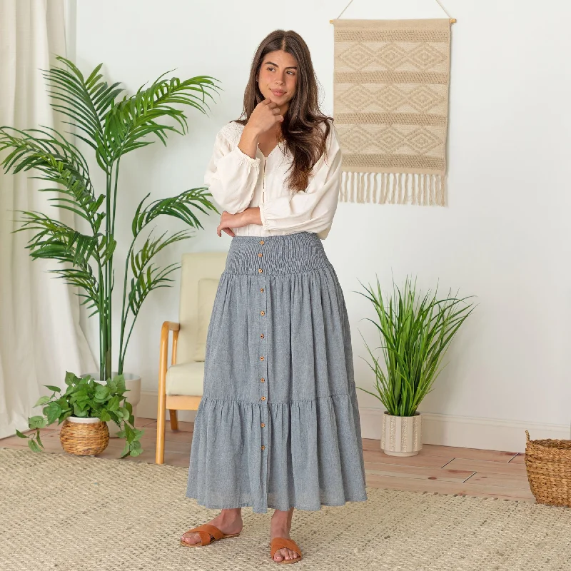 Chambray Button Down Long Skirt Geometric