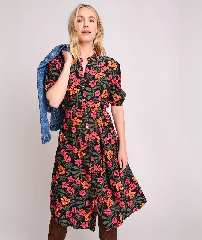 Short-Sleeve Floral Alix Midi Dress Monochromatic Office Style