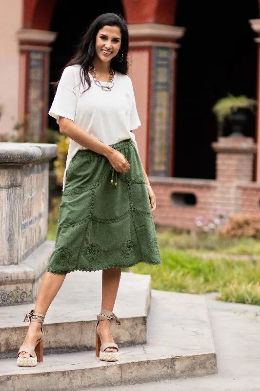 Andean Fields Embroidered Laurel Green Cotton Skirt from Peru garde