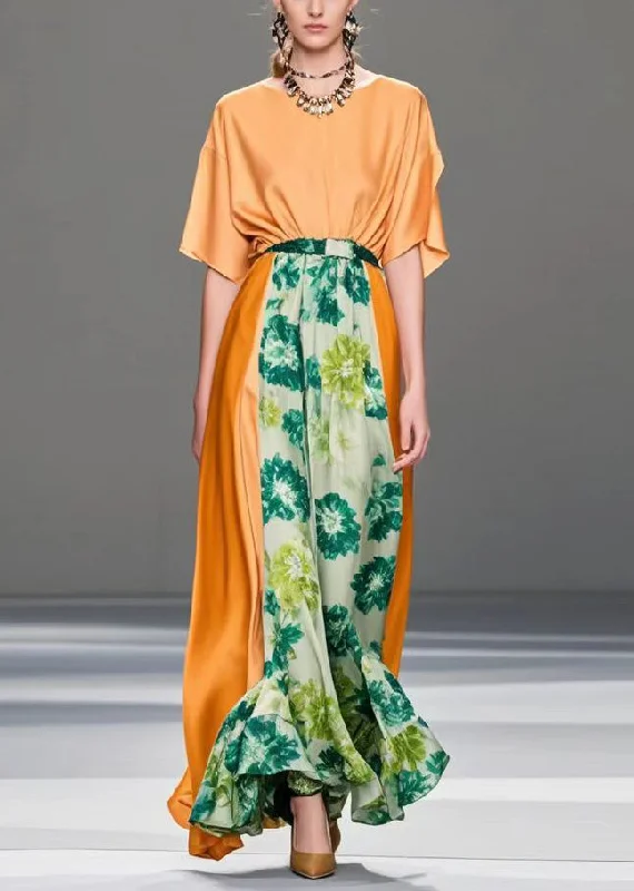 Art Orange Cinched Patchwork Silk Dresses Summer Confident Women's Power