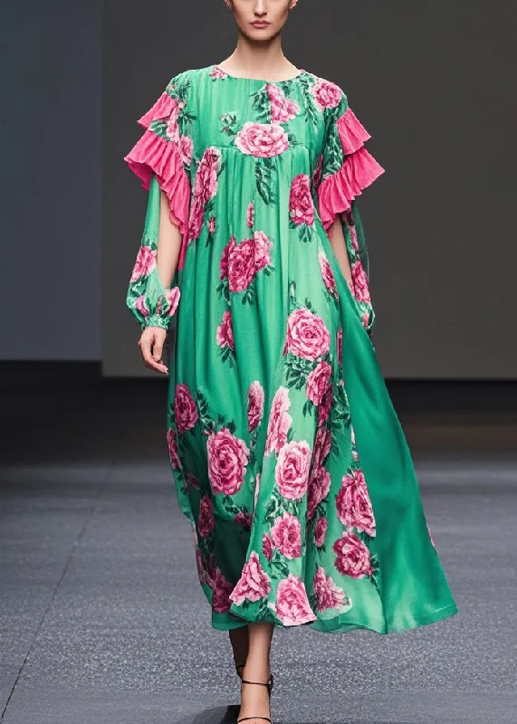 Beautiful Green Floral Print Ruffles Silk Velvet Dresses Fall Vacation