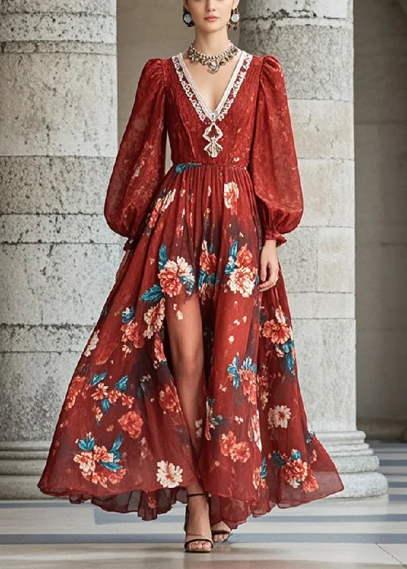 Beautiful Red V Neck Floral Chiffon Dresses Fall Hip Women's Urban