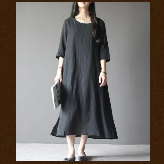 black half sleeve linen sundress oversize maxi dresses Cool Women's Skate
