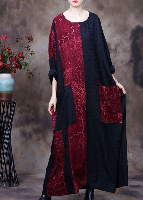 Black Patchwork Red O-Neck Pockets Silk Dresses Spring Scandinavian