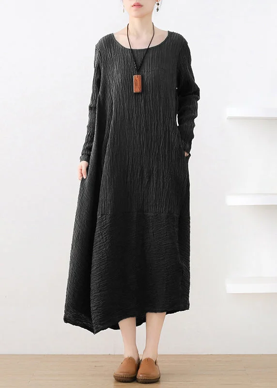 Black Pockets Wrinkled Cotton Maxi Dresses Long Sleeve Street