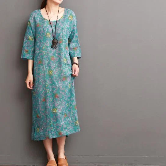 blue floral linen dresses for summer half sleeve Disco