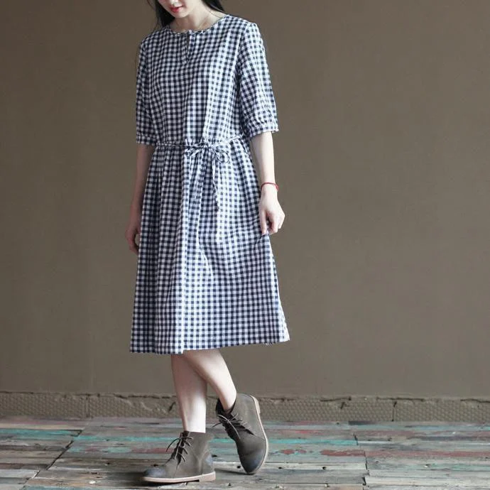Blue grid cotton sundress half sleeve summer maxi dresses Adventure