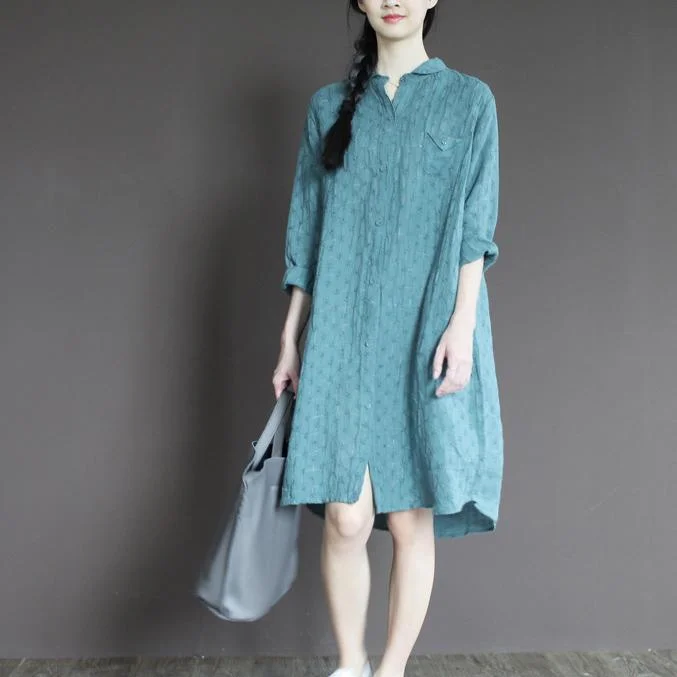 Blue linen half sleeve sundress plus size casual summer shirt dresses Business