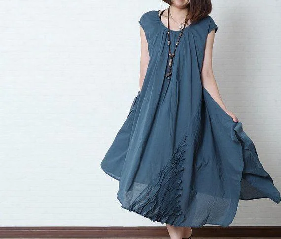 blue linen summer dress unique caftan dresses Laid - back Women's Style