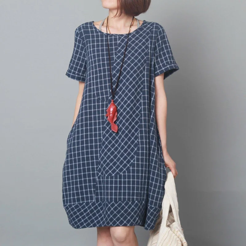 Blue plaid oversize sundress cotton summer shift dresses Edgy Women's Punk