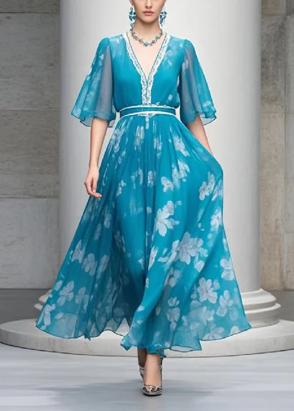 Blue Print Chiffon Holiday Dresses V Neck Exra Large Hem Summer Adventure