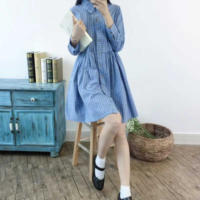 Blue retro plaid spring dress fit flare dresses linen Sporty Women's Athleisure 