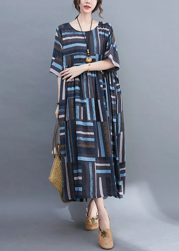 Blue Striped Baggy Long Dresses Wrinkled Short Sleeve Athletic Women's 