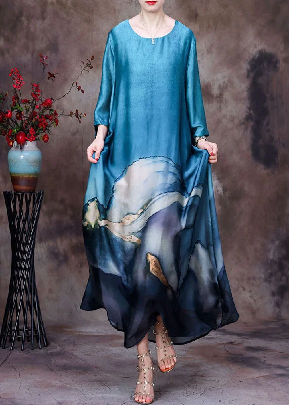 Bohemian Blue O-Neck Layered Design Print Silk Dresses For Women Bracelet Sleeve Confident Women's High - fashion Bohemian Blue O-Neck Layered Design Print Silk Dresses For Women Bracelet Sleeve Confident Women's High - fashion