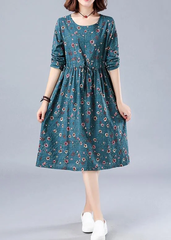 Bohemian Blue Print Robes O Neck Drawstring Daily Spring Dresses Hip Women's Retro