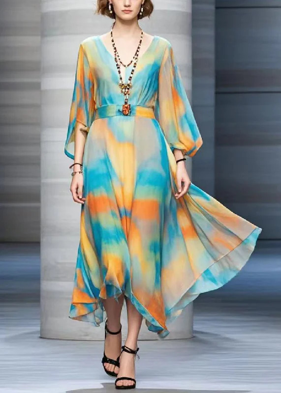 Bohemian Cinched Tie Dye Chiffon Maxi Dresses Fall Athletic Women's 