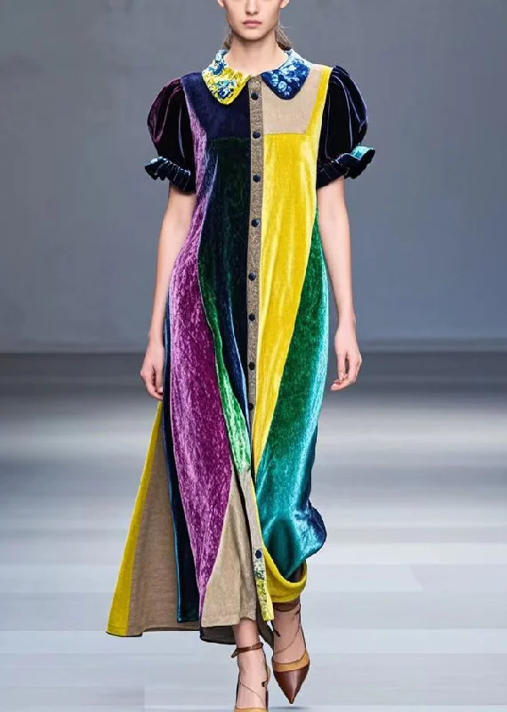 Bohemian Colorblock Peter Pan Collar Patchwork Silk Velvet Robe Dresses Fall Feminine Women's Style Bohemian Colorblock Peter Pan Collar Patchwork Silk Velvet Robe Dresses Fall Feminine Women's Style