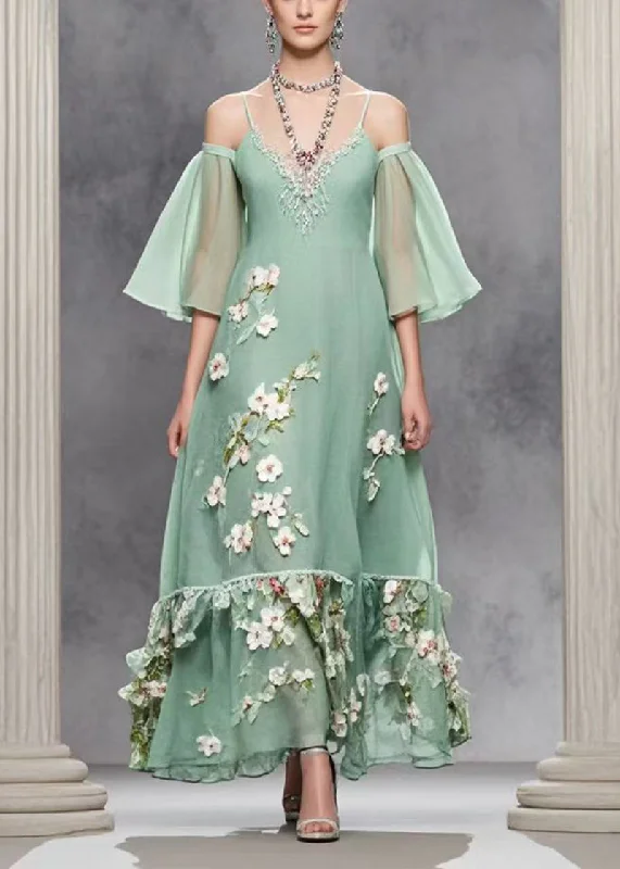 Bohemian Green Cold Shoulder Three-dimensiona Floral Chiffon Dresses Summer Streetwear Style for Bohemian Green Cold Shoulder Three-dimensiona Floral Chiffon Dresses Summer Streetwear Style for