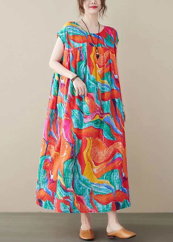 Bohemian Red O-Neck Patchwork Print Linen Beach Long Dresses Short Sleeve Sleek Women's Metallic Bohemian Red O-Neck Patchwork Print Linen Beach Long Dresses Short Sleeve Sleek Women's Metallic