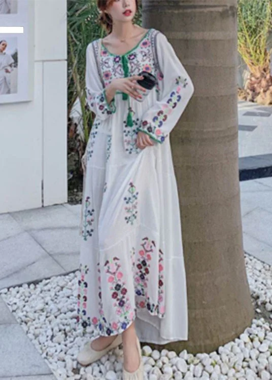 Bohemian White O-Neck Embroideried Floral Cotton Holiday Dresses Long Sleeve Feminine Women's Soft Bohemian White O-Neck Embroideried Floral Cotton Holiday Dresses Long Sleeve Feminine Women's Soft