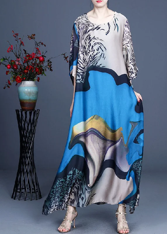 Boho Blue O-Neck Print Silk Vacation Dresses Bracelet Sleeve Sophisticated Women's Tailored Boho Blue O-Neck Print Silk Vacation Dresses Bracelet Sleeve Sophisticated Women's Tailored
