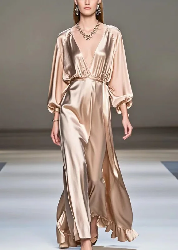 Boho Champagne V Neck Ruffles Silk Long Dresses Fall Luxurious Women's High -  end