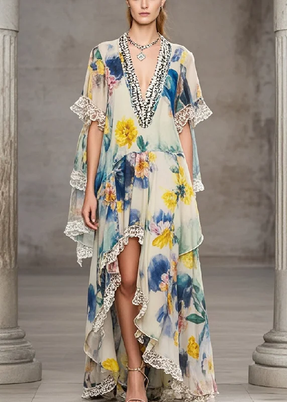 Boutique Asymmetrical Lace Patchwork Print Chiffon Dresses Summer Trendy Women's 