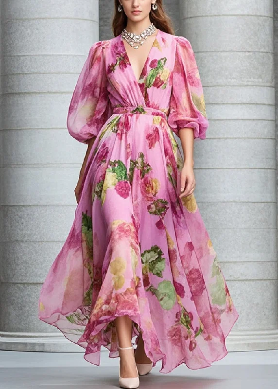 Boutique Rose Print Exra Large Hem Chiffon Maxi Dresses Fall Cozy Women's Winter