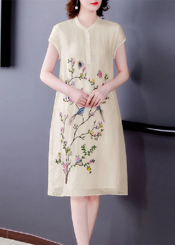 Boutique Yellow O-Neck Embroideried Maxi Dresses Summer Polished Women's Silk