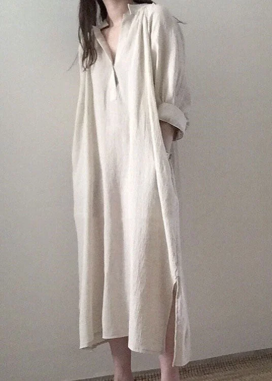Casual Apricot Side Open Stand Collar Cotton Dresses Long sleeve Earthy Women's 