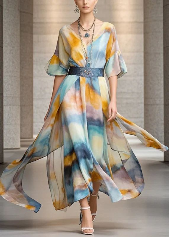 Casual Khaki Cinched Tie Dye Chiffon Vacation Dresses Summer Sophisticated Women's Casual Khaki Cinched Tie Dye Chiffon Vacation Dresses Summer Sophisticated Women's