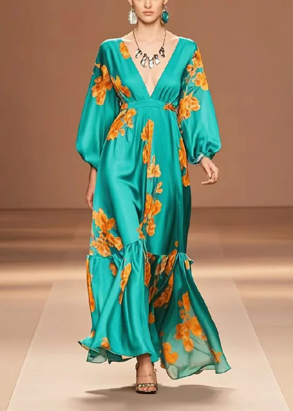 Casual Peacock Green V Neck Print Silk Dresses Fall Casual Women's Loose - fitting