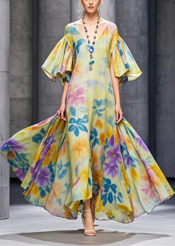 Casual Yellow Flower Print Chiffon Long Dresses Flare Sleeve Sporty Women's Athleisure Casual Yellow Flower Print Chiffon Long Dresses Flare Sleeve Sporty Women's Athleisure