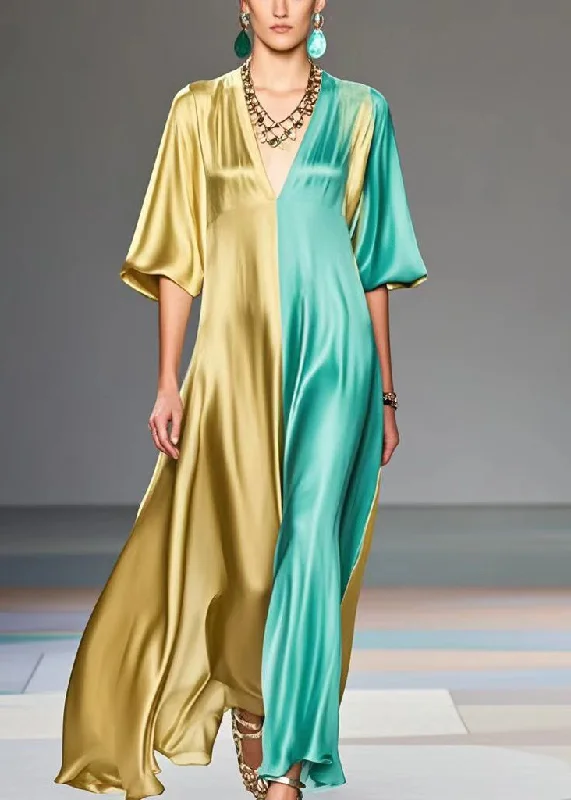 Chic Colorblock V Neck Patchwork Silk Maxi Dresses Summer Modern Women's Tech