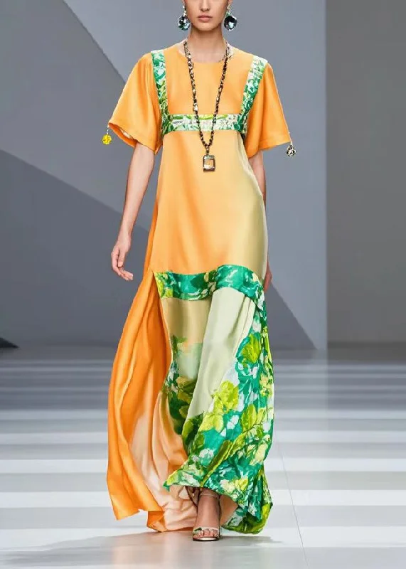 Chic Orange Print Silm Fit Silk Robe Dresses Summer performance