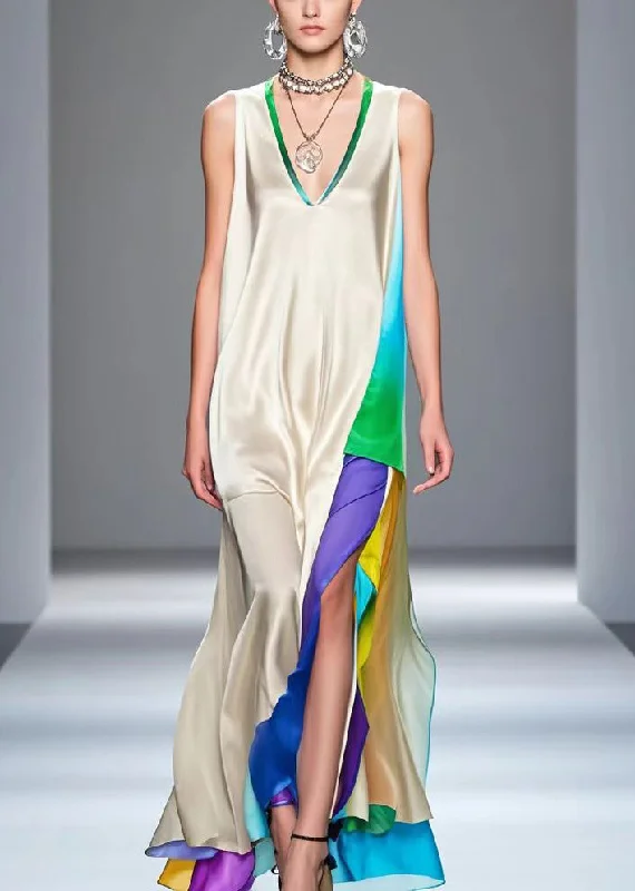 Chic White Asymmetrical Patchwork Silk Vacation Dresses Sleeveless Sleek Women's 