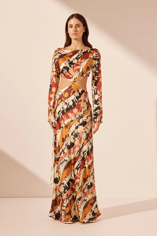 CIELO SILK LONG SLEEVE LACE UP MAXI DRESS Street