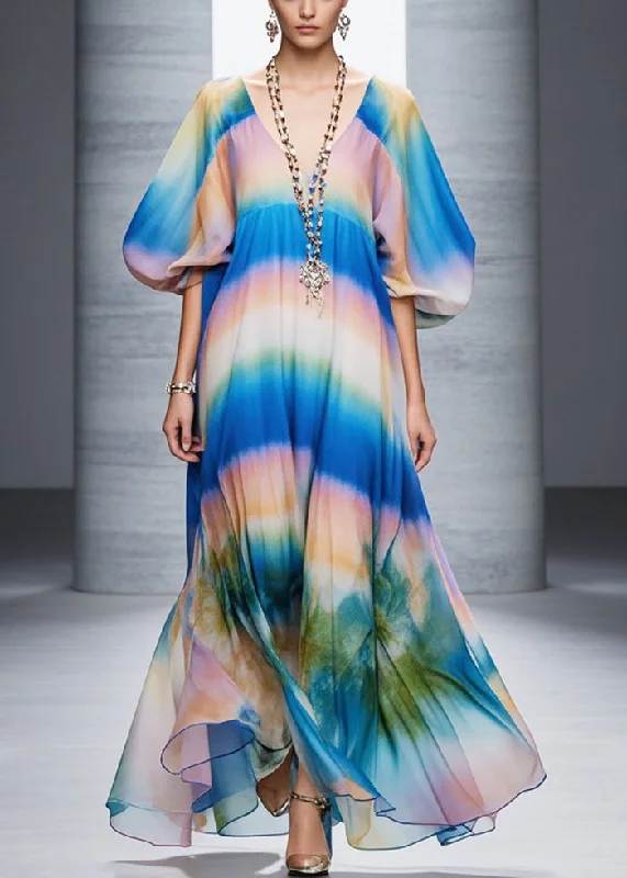 Classy Gradient Color Print Chiffon Robe Dresses Lantern Sleeve Casual Women's Japanese Classy Gradient Color Print Chiffon Robe Dresses Lantern Sleeve Casual Women's Japanese