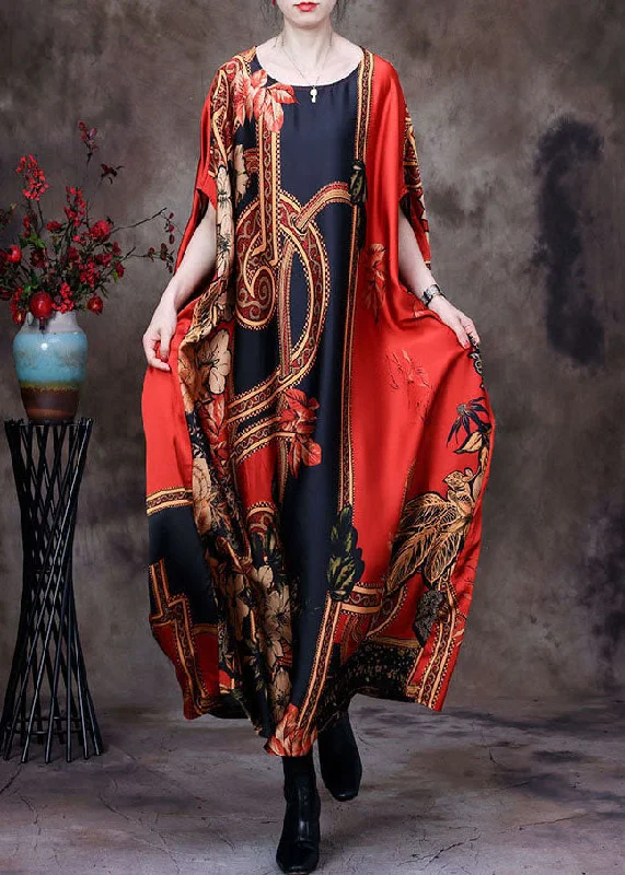 Classy Red O-Neck Print Silk Loose Long Dresses Gown Batwing Sleeve Sleek Women's 