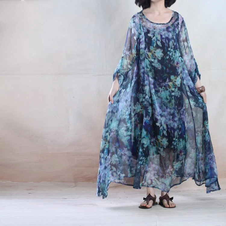 Colorful world blue chiffon maxi dress floral sundress holiday dresses Artistic Women's Avant - Colorful world blue chiffon maxi dress floral sundress holiday dresses Artistic Women's Avant -
